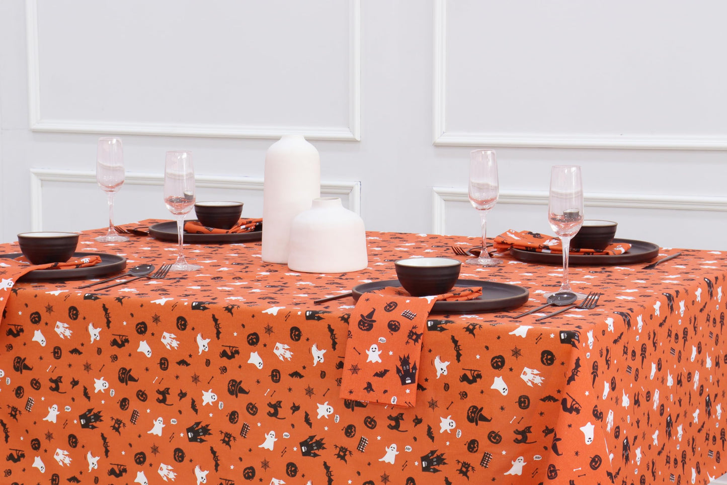 PurpleEssences Orange Black Halloween Tablecloth, Square Halloween Party Tablecloth Decoration, 52x52 Inch Machine Washable Cotton Table Cover, Haunted House