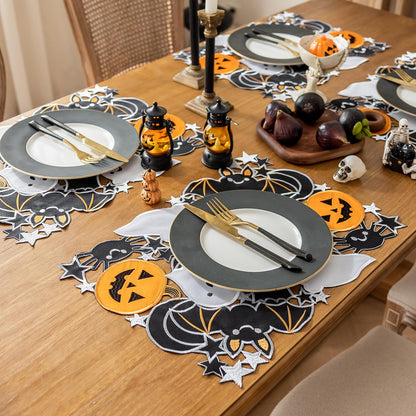 Joyfol Day Halloween Spooky Rectangular Placemats Set of 4, Cutwork Embroidered Pumpkins Place-mats 13 x 19 Inch, Black Bats Halloween Table Decorations for Parties Gothic Scary Nights