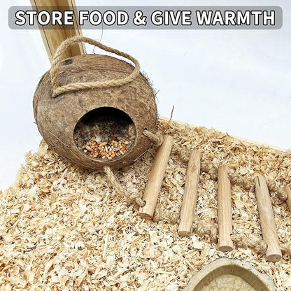 Tfwadmx Natural Coconut Hide with Ladder Perches Hanging Bird House Toy for Cage Parrot Breeding Nest for Gecko Parakeet Lovebird Finch Hamster