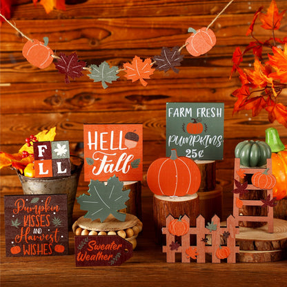 BBTO Set of 15 Fall Tiered Tray Decor Pumpkins Farmhouse Decor Autumn Maple Leaf Thanksgiving Table Centerpieces Harvest Wood Blocks Signs for Home(Fresh Style)