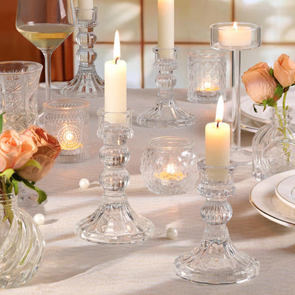 DARJEN 6Pcs Clear Candlestick Holders Set - 4" H & 5" H Striped Taper Candle Holders Bulk, Glass Candle Holders for Wedding, Festival, Party, Table Centerpiece, Gifts