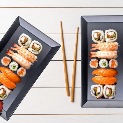 Needzo Melamine Black Rectangle Sushi Plate, Asian Appetizer Dish, Japanese Cuisine Dinnerware, 11 1/4 X 6 1/2 Inches, Set of 2