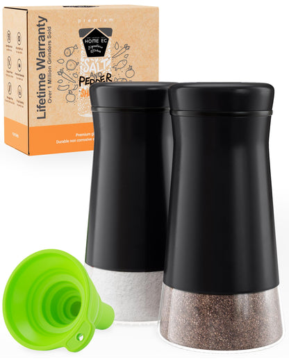 HOME EC Original Salt and Pepper Shakers Set with Adjustable Pour Holes - Black Salt Shaker and Pepper Shaker - Farmhouse Spice dispenser for salts, Ground peppercorn and spices