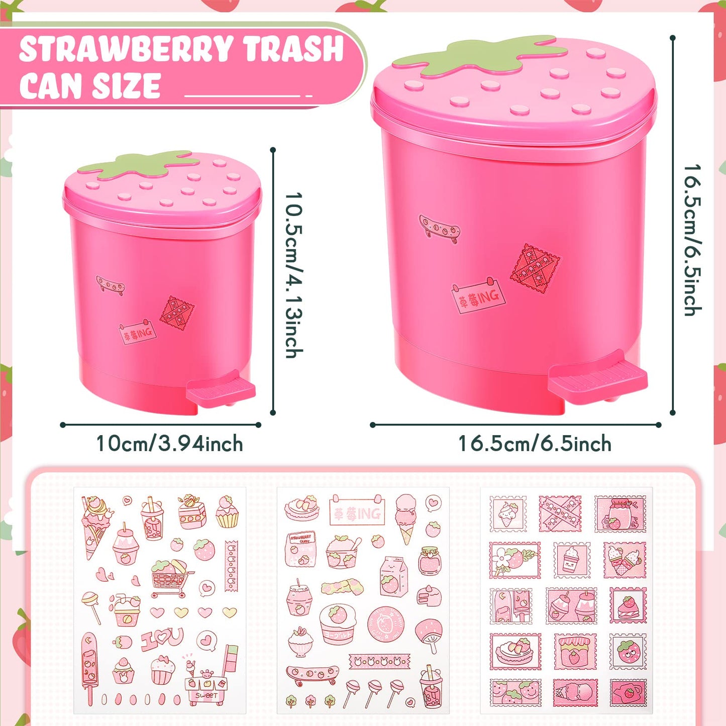 Tessco for you 2 Pieces Strawberry Desk Trash Can Cute Mini Countertop Trash Can with Lid Kawaii Small Garbage Plastic Waste Bin with Sticker for Car Office Home Bedroom Bathroom Kitchen Decor(Pink)