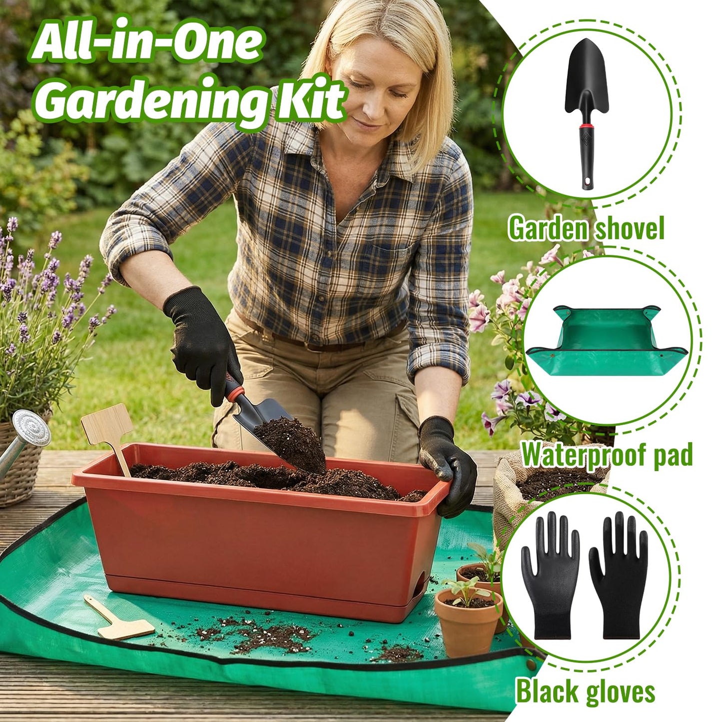 CAKKVDE 7 Pack Window Box Planters, 17 Inch Plastic Rectangular Flower Pots for Indoor/Outdoor Plants, Herbs, Vegetables, Includes Trowel, Waterproof Mat & Gloves (Brick-red)