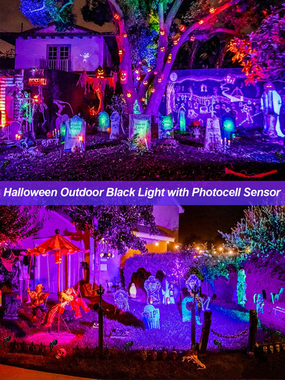 DOREIO Halloween 120V Blacklight Spotlight 15W Outdoor LED Landscape Lighting Dusk to Dawn Photocell Light Sensor with US Plug for Glow Dance Party, Body Paint, Fluorescent Poster, Neon Glow(1 Pack)