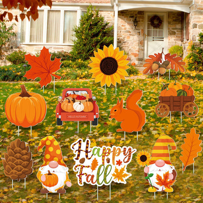 Threehoney 12 Pcs Fall Yard Signs with Stakes Outdoor Thanksgiving Yard Sign Autumn Harvest Pumpkin Lawn Decorations Gnome Maple Leaf Waterproof Decor for Home Garden Party Supplies(Fall)