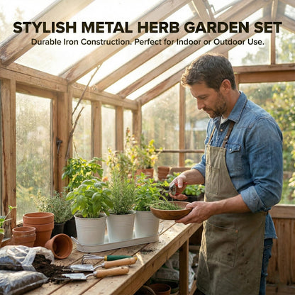Herb Garden Planter Set – 3-Pcs Set Galvanized Metal Herb Planters for Indoors Plants with Tray – Indoor Plant Pots for Apartment Window, Balcony, Garden – Potting Pots for Herbs and Flowers