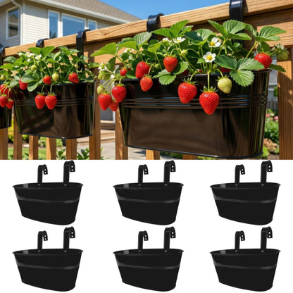 LaLaGreen Rail Planter Outdoor Plants (6 Pack, 9.8 Inch) Small and Cute Black Metal Iron Hanging Flower Pot Deck Railing Fence Buckets Countryside Style Window Box Plant Holder Hooks Porch Decor