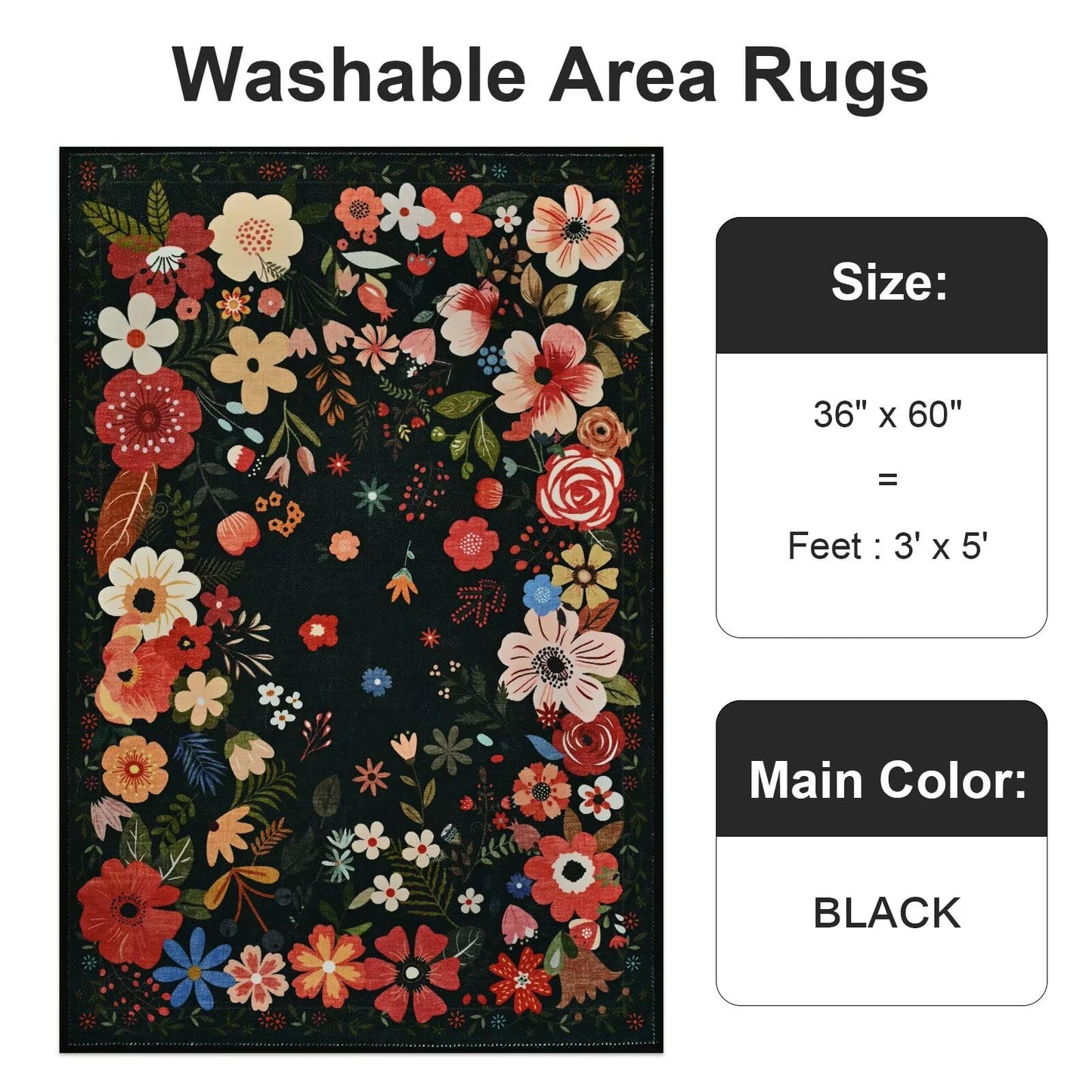 Vasofe 3x5 Rug for Bedroom,Washable Rugs for Living Room, Entryway, Indoor Floor Mat, Small Floral Mats for Nrusery, Farmhouse, Laundry Room, Playroom, Office, Non Slip Low Pile Soft Carpet, Black