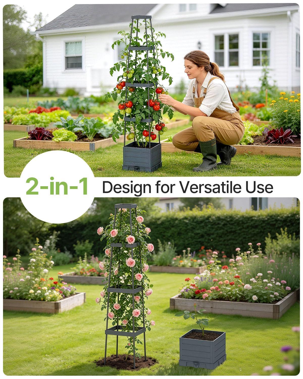 Suteck Raised Garden Bed Planter Box with Trellis, 2-Pack Self-Watering Tomato Planter with Adjustable Height Steel Support Frame for Climbing Plants, Tomato Cages for Patio, Balcony & Outdoor