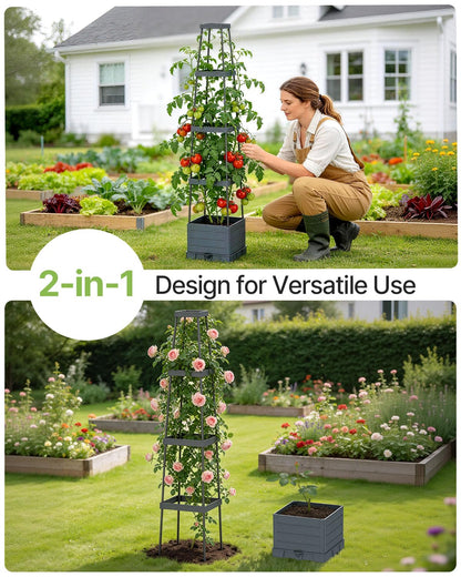 Suteck Raised Garden Bed Planter Box with Trellis, 2-Pack Self-Watering Tomato Planter with Adjustable Height Steel Support Frame for Climbing Plants, Tomato Cages for Patio, Balcony & Outdoor