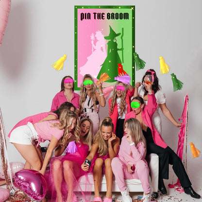 AFZMON Witch Party Decorations Pin The Broom Birthday Party Games Decorations, Pink and Green Poster with 24 Reusable Broom Stickers for Witch Party Wall Decorations Supplies- 19.5Inch x27.5Inch