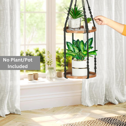 Shineloha 2 Tier Macrame Plant Hanger | Plant Hanger Indoor, Hanging Planter | Hanging Planter Shelf (Large, 12" Shelf)