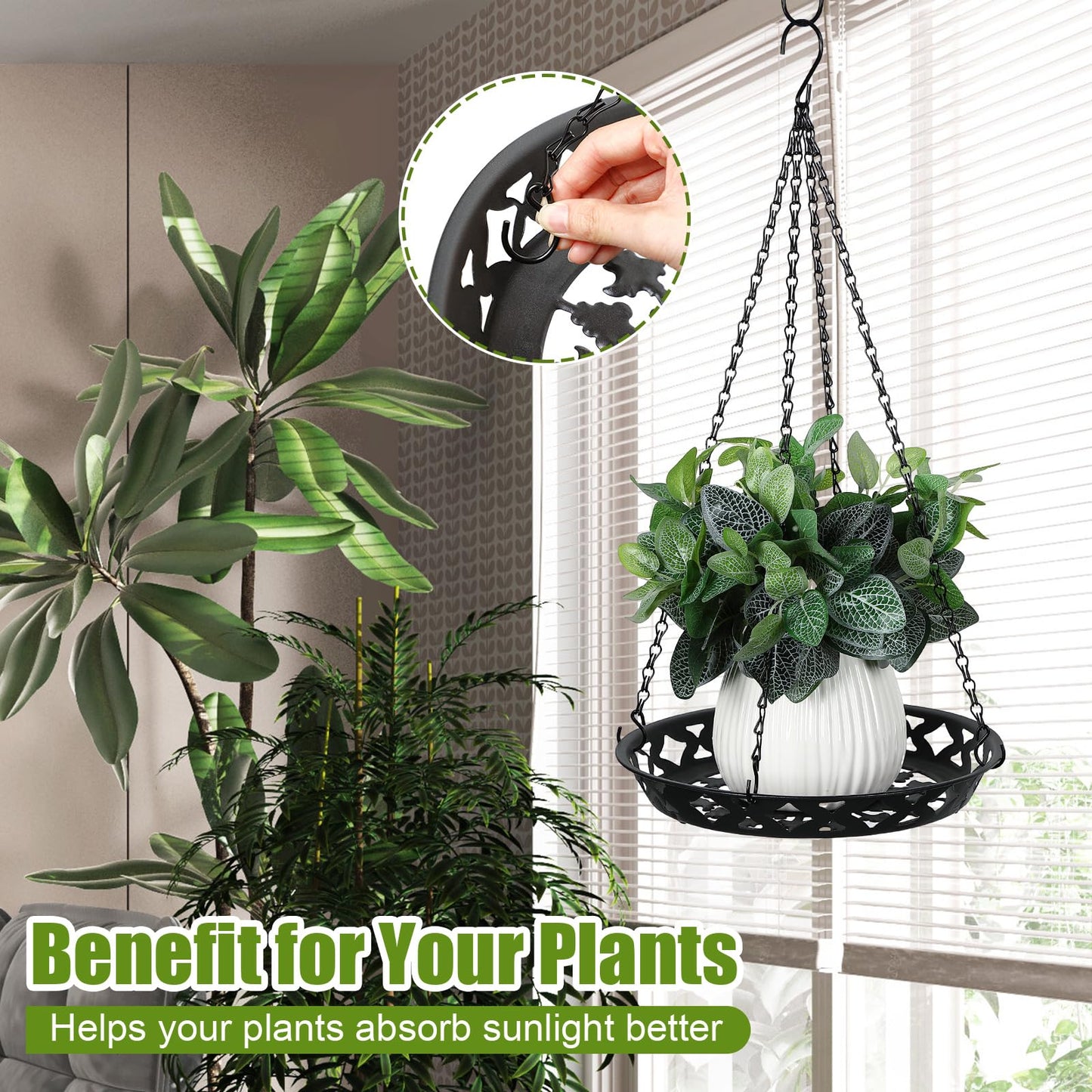 Enhon 4 Pack Plant Hanger, 12 Inch Metal Hanging Planter for Indoor Outdoor Plants, Classy Glossy Black Decorative Hanging Plant Shelf for Window Wall Ceiling Home Decor