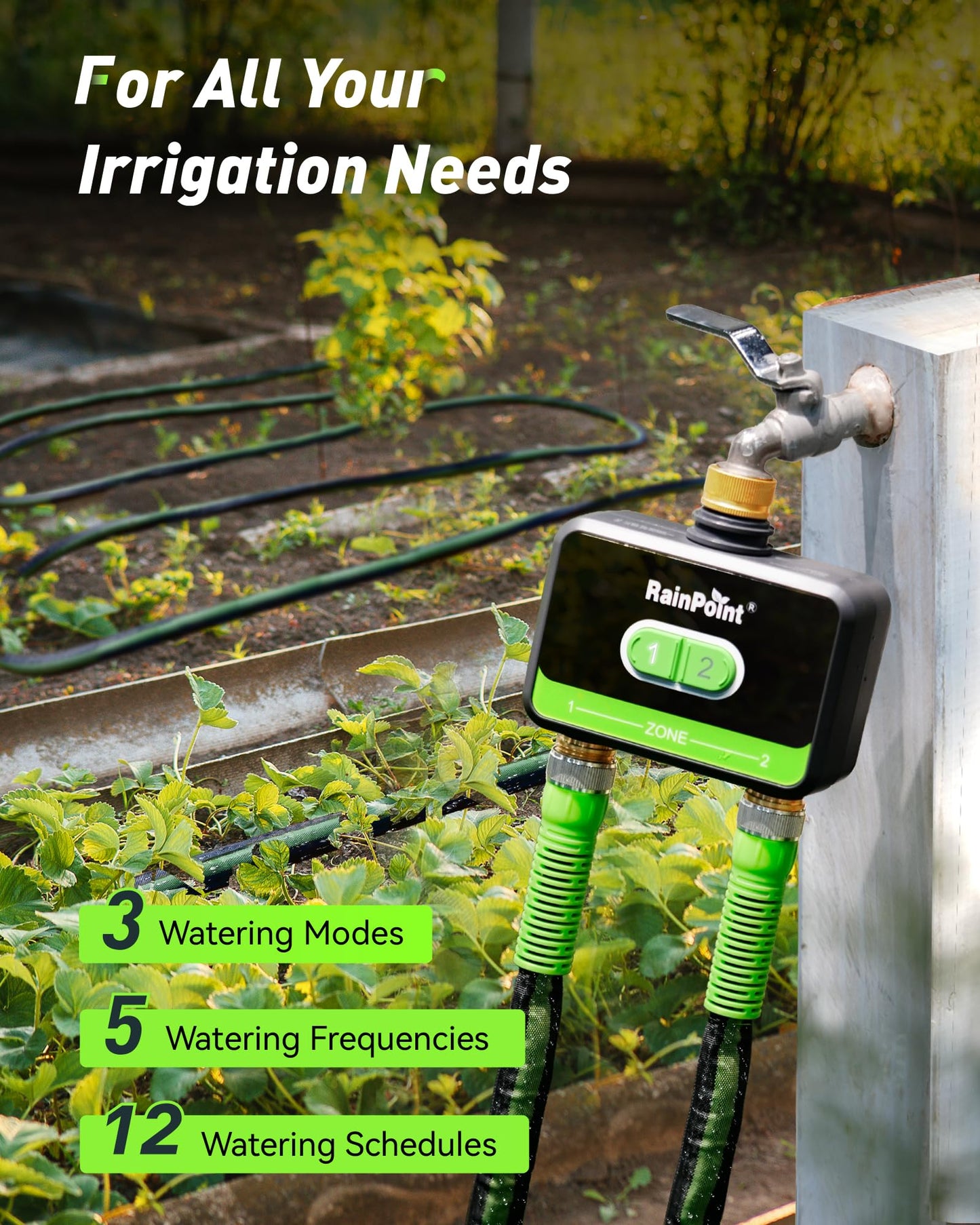 RainPoint WiFi Water Timer for Garden Hose with Brass Inlet & Outlet, 2-Zone Smart Hose Timer, WiFi Irrigation Controller via APP/Voice Control, Automatic Sprinkler Watering System for Lawns and Yard