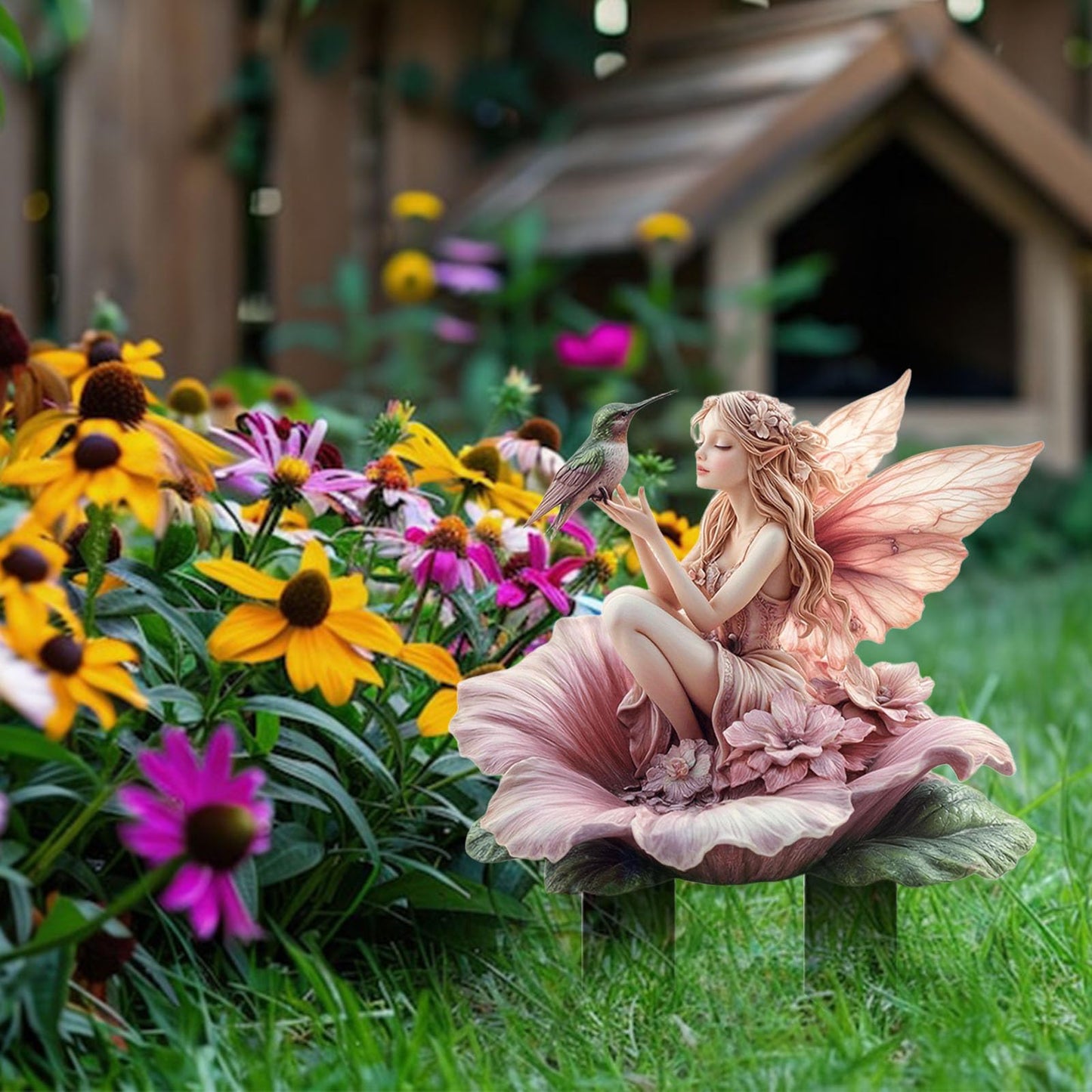 ANNUOZE Fairy Garden Stake Decor, 2D Flat Acrylic Fairy Garden Decor Panel, Elf Yard Sign for Outdoor Indoor Yard Lawn Plants Pots, Fairy Garden Accessories (Flowers Fairy and Hummingbird)