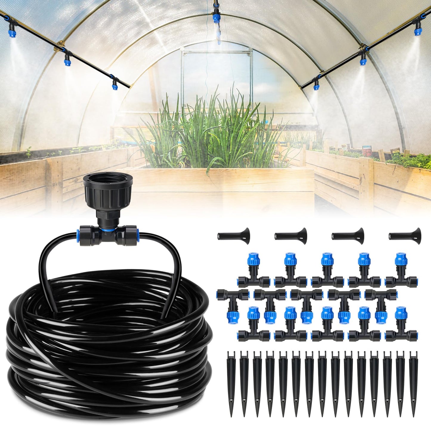 HIRALIY 59FT Greenhouse Misting Drip Irrigation Kit, Quick Connector Design, Irrigation System with 1/4" Tubing and Adjustable Nozzles for Hanging Plants, Garden Watering System for Raised Bed