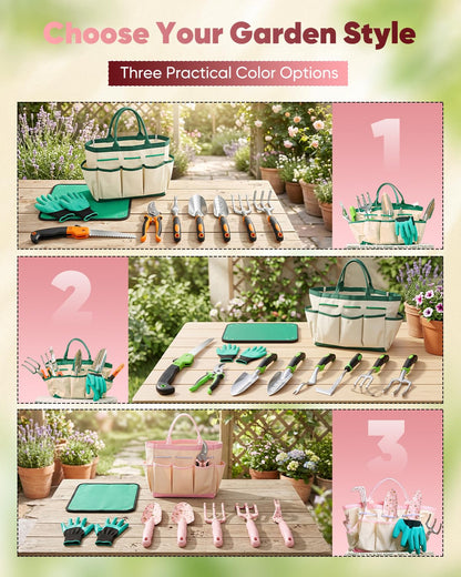 Garden Tool Set Gardening Tools - Heavy Duty Aluminum Tool Kit with Non-Slip Handle, Gardening Gloves and Tool Bag for Weeding, Planting and Pruning, Gifts for Women Mom (Pink Set)
