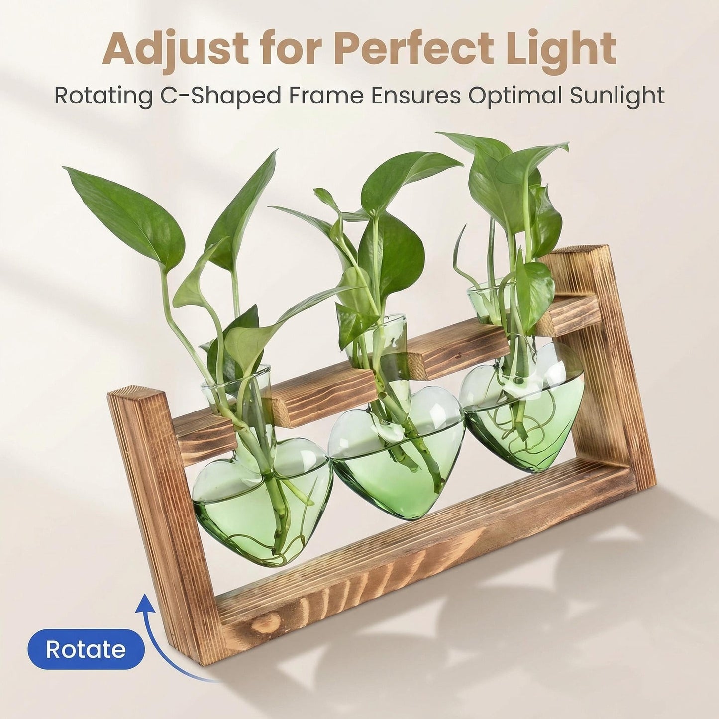 Plant Propagation Station 3Pcs Heart Vase with Wooden Stand Tabletop for Hydroponics Indoor Home Table Decor for Her Plant Lovers Women Mom Wife Daughter (Green)