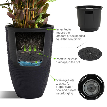 Worth Garden 2-Pack 21" H. Black Tall Planters with Inside Pots - 14'' Dia Plastic Large Round Plant Tree Pots - Decorative Imitation Stone Finish for Indoor Outdoor Front Porch Container Patio