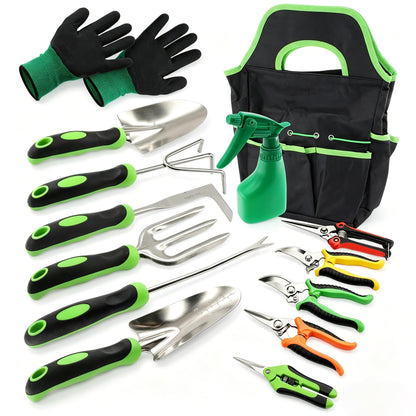 SHRJ 15Pcs Garden Tool Set Heavy Duty Stainless Steel Gardening Hand Tools with 5 Garden Shears Non-Slip Rubber Grip Spade Shovel Organizer Handbag Gardening Gifts for Family Friends