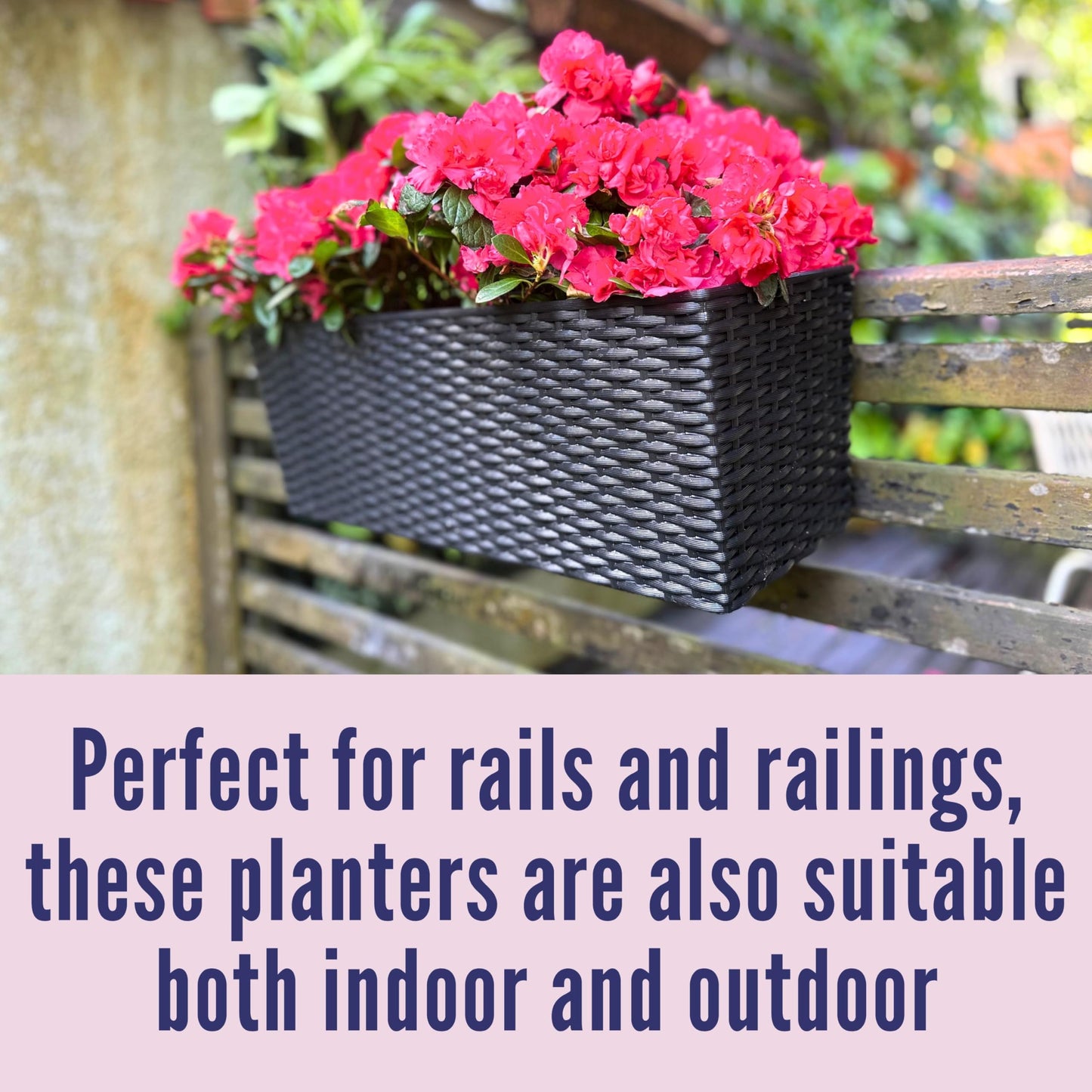 LaLaGreen Outdoor Rail Planter for Balcony (20 Inch, 2 Pack) Large Black Self Watering Deck Railings Planters with Brackets, Rectangular Plastic Fence Flower Box Designer Choice with Rattan Pattern