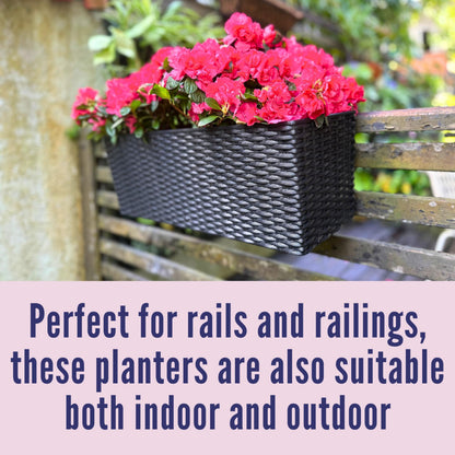 LaLaGreen Outdoor Rail Planter for Balcony (20 Inch, 2 Pack) Large Black Self Watering Deck Railings Planters with Brackets, Rectangular Plastic Fence Flower Box Designer Choice with Rattan Pattern