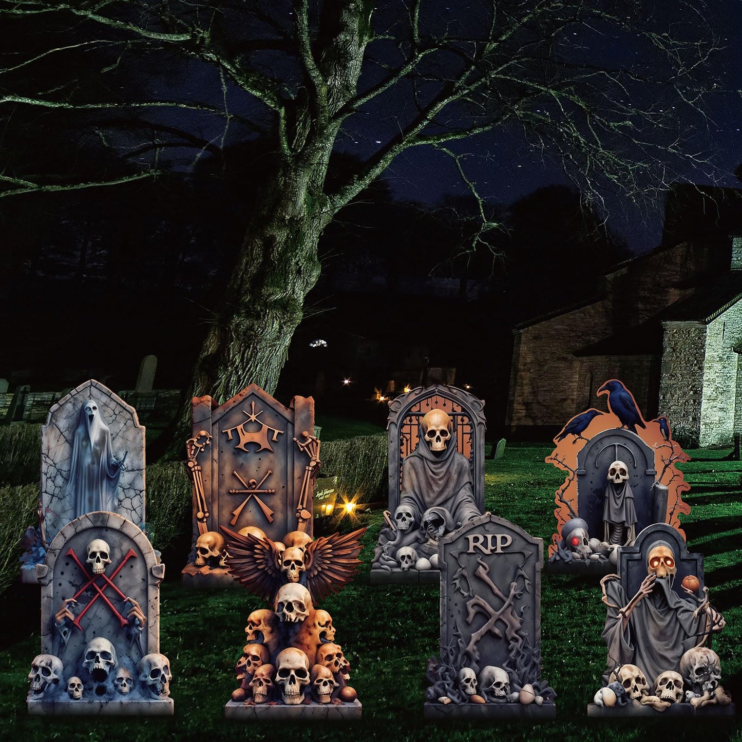 BoGlow Haven 17 Inch Halloween Tombstone Decorations Outdoor - Waterproof Grave Yard Signs with Fiberglass Stakes, Spooky Decor (8-Pack)