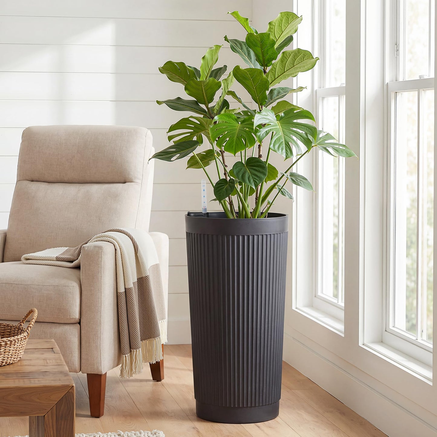 TUYOHW Self-Watering 24in Plastic Round Planter with Vertical Ribbed Design – Indoor Outdoor Flower Pot for Plants, Herbs, and Small Trees, Set of 2