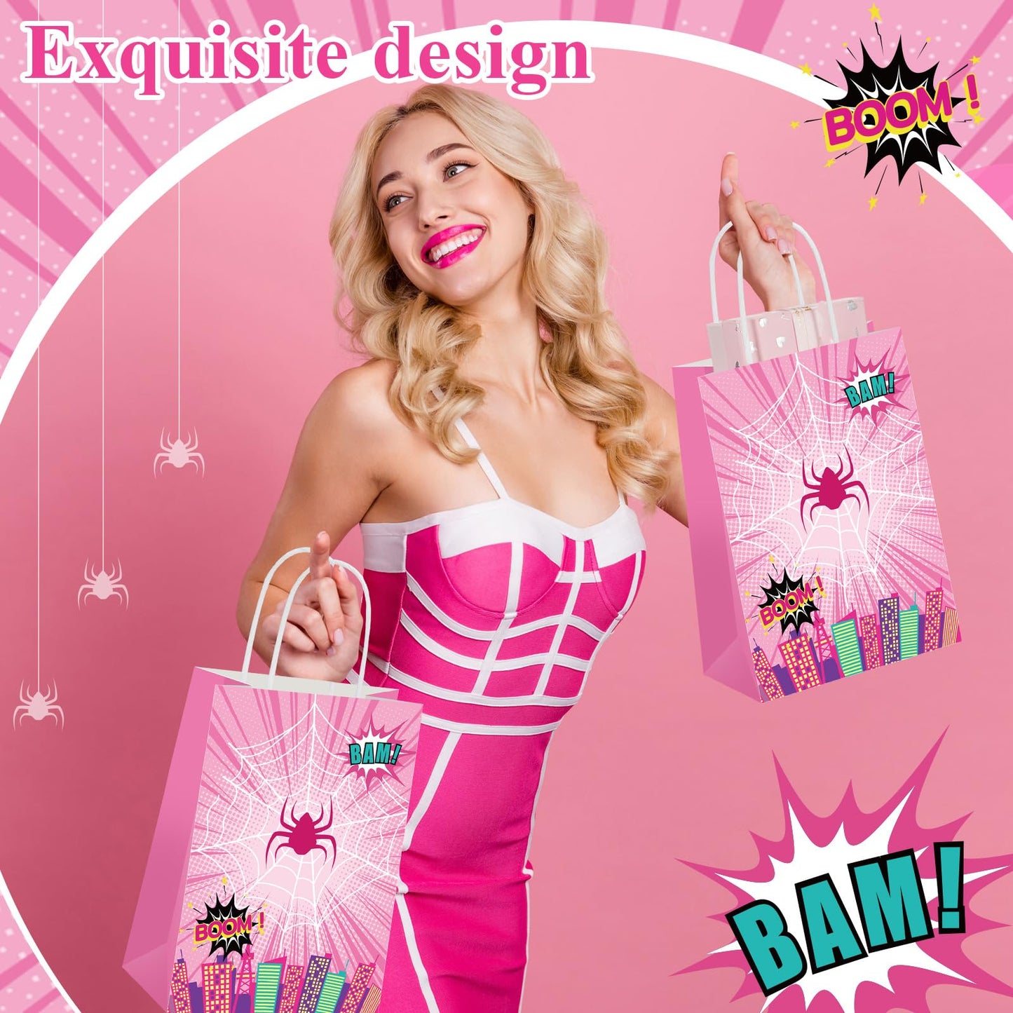 Henoyso 24 Pcs Pink Spider Party Favor Goodie Bags with Handles Pink Ghost Theme Birthday Decorations Treat Candy Snack Gift Bags for Baby Shower Birthday Party Supplies