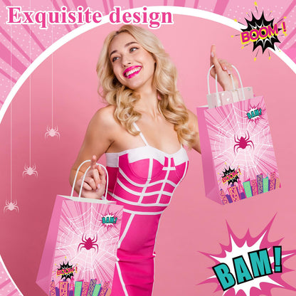 Henoyso 24 Pcs Pink Spider Party Favor Goodie Bags with Handles Pink Ghost Theme Birthday Decorations Treat Candy Snack Gift Bags for Baby Shower Birthday Party Supplies