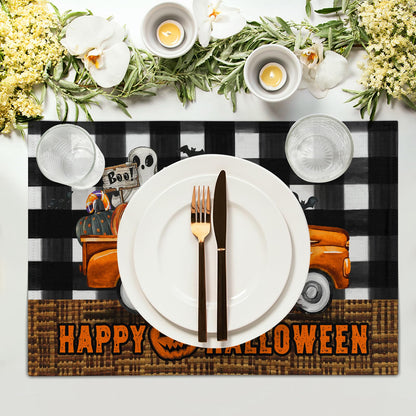 Happy Halloween Placemats Set of 4, 12x18 Inch Pumpkin Ghost Truck Bats Buffalo Plaid Washable Linen Dining Table Place Mats Farmhouse Seasonal Kitchen Dinner Party Holiday Decor