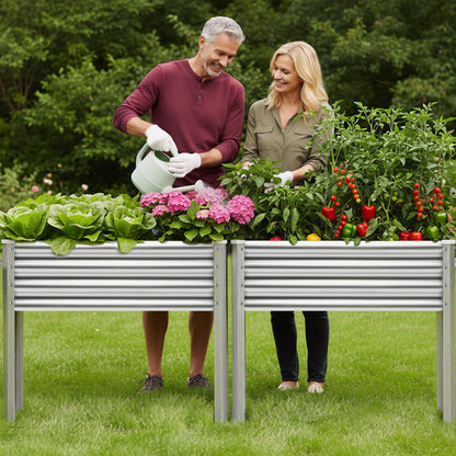 Land Guard 2 Pack Galvanized Raised Garden Bed with Legs & Wheels, 36×12×32in Metal Elevated Raised Planter Box for Backyard, Patio, Balcony, 300lb Capacity, Silver