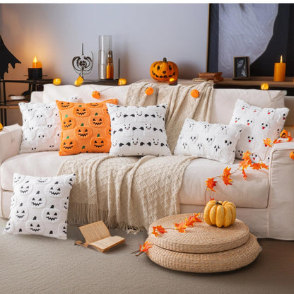 AQOTHES Halloween White Ghost Throw Pillow Covers 18x18 inch Set of 2, Cute Skeleton Pillowcases Holiday Cushions Covers for Halloween Decorations Indoor Home Sofa Couch