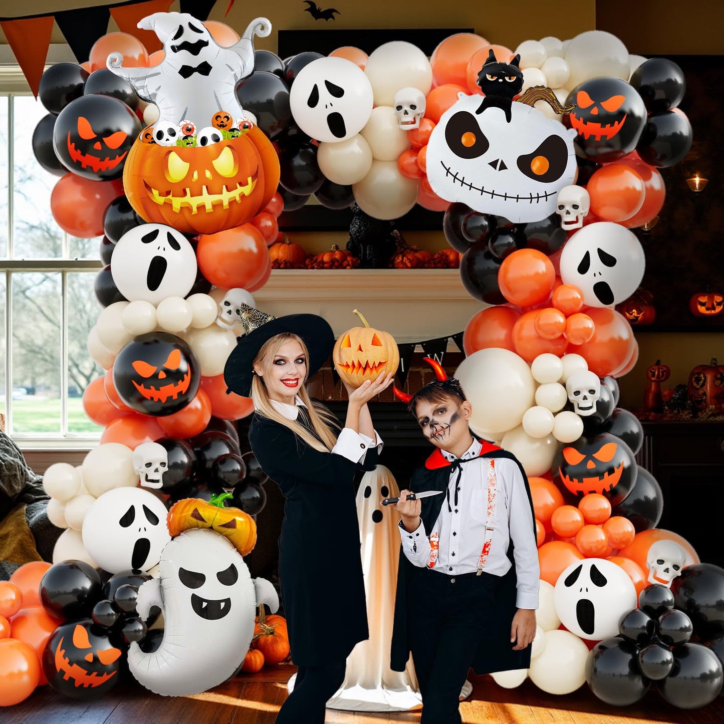 AobkDeco 152pcs Halloween Balloon Arch Kit - Orange, Lvory White & Black Balloons with Pumpkin, Ghost & Black Cat Foil Balloons for Halloween Party Decoration