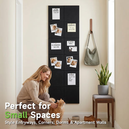 MISSDAY Black Acoustic Wall Panel Felt Bulletin Board 48" x 36" Cork Board for Wall, 12-Pack Boards with 72 Removable Adhesive Tabs, 50 Pins, Pin Board for Home Office Classroom Soundproof Wall Tile