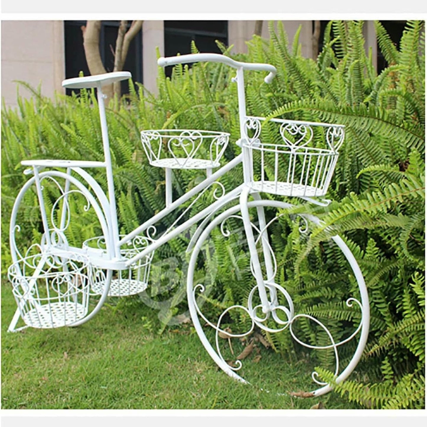 OJHVTCXD Bicycle Plant Stand with 4 Baskets Wrought Iron Flower Pot Cart Holder for Outdoor Garden Home Decor Deck Patio (White) Stand