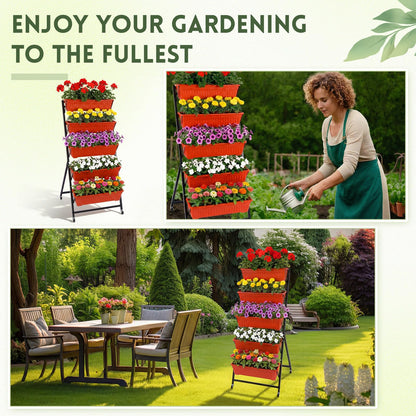 Briwooody 2 Pack 5 Tier Vertical Garden Planter with Wheels 4.5 ft Raised Garden Bed for Strawberry Herb Vegetable Flower Stackable Planter Boxes with Drainage for Patio Indoor Outdoor(Brick Red)