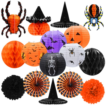 16-Pack Halloween Honeycomb Paper Lantern Ornaments – Hanging Decorations in Pumpkin, Spider, Witch Hat, and Ghost Designs for Halloween Party, Indoor Outdoor Décor, Fall Festival Supplies