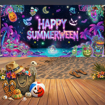 Printspree Summerween Banner Halloween Decorations - 70.8x35.4 Inch Summer Halloween Party Backdrop for Home Pink Pumpkin Tropical Palm Tree Beach Summerween Party Supplies Wall Decor