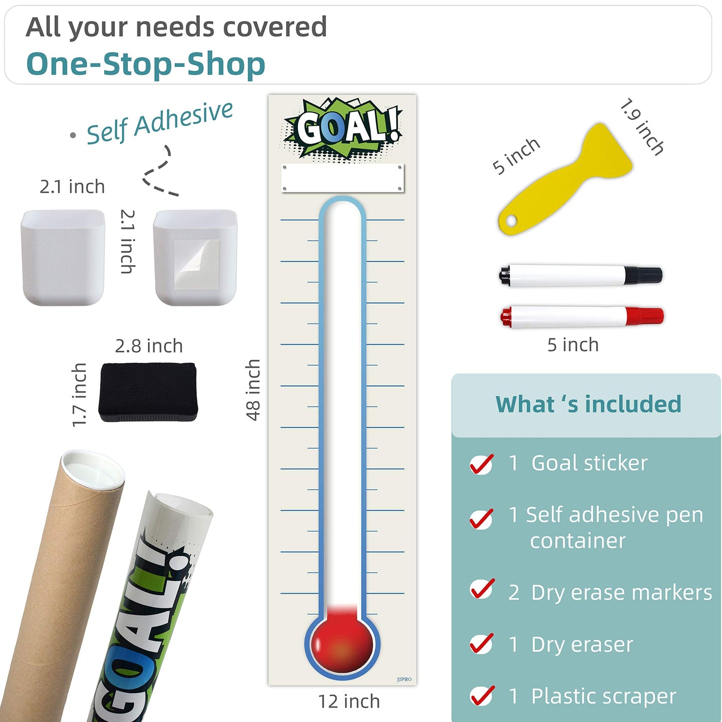 Fundraising Thermometer Chart Goal Tracker Decal - 48"x12" - Dry Erase Goal Setting Wall Poster Thermometer - Removable Giant Sales Goal Vinyl Sticker (Blue)