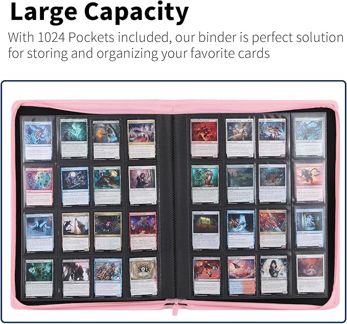 Snekdy premium 1024-pocket trading card binder, 16-pocket cards album, waterproof PU-leather Cover album with side loading, holds gaming, baseball, basketball & sports cards (Pink)