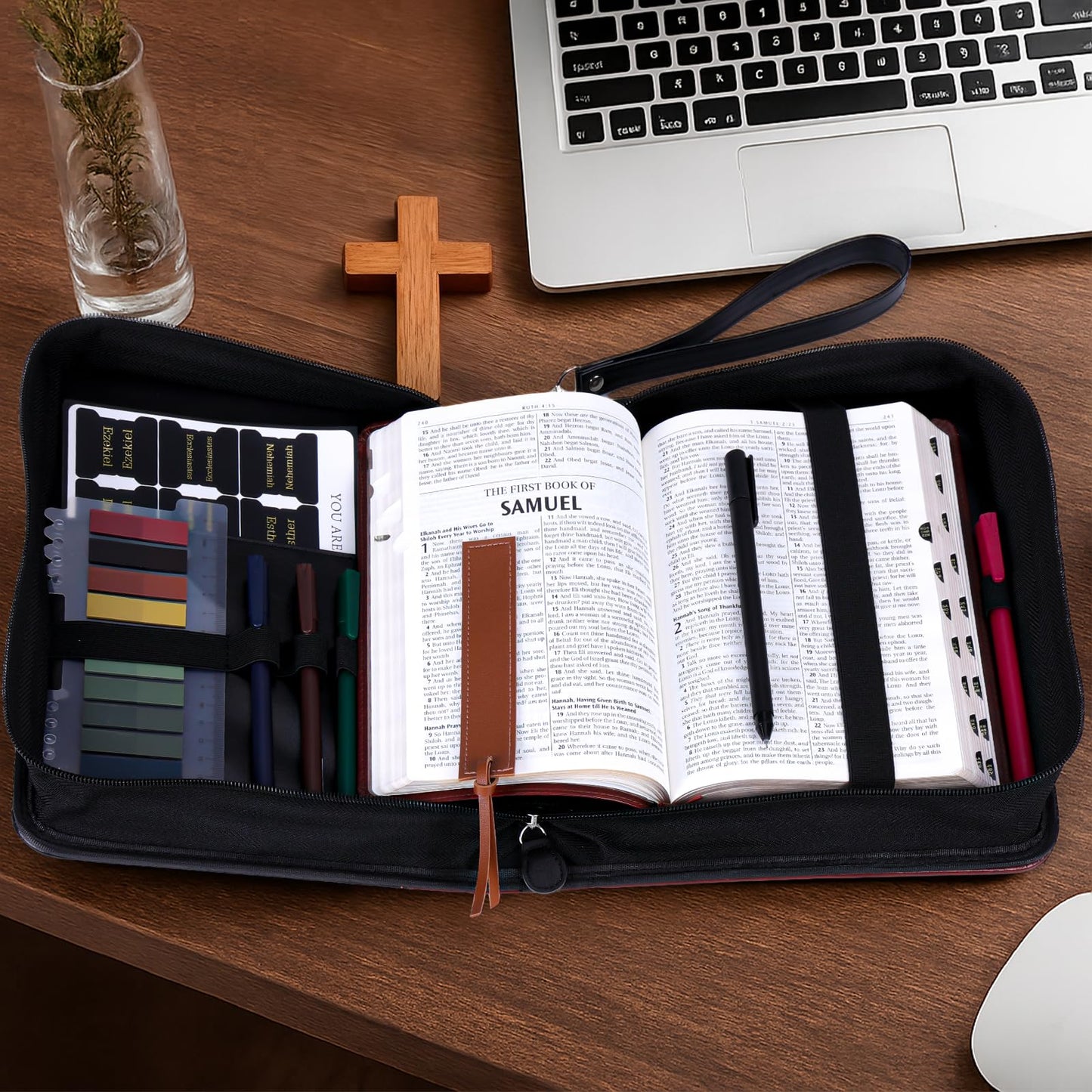 XKDOUS 20 Pcs Bible Cover Kit for Men Leather Book Carrying Case Church Bag Holder with Handle, Tabs, Pens, Study Supplies Christian Gift Father Day for Dad, Mom, Women, Friends