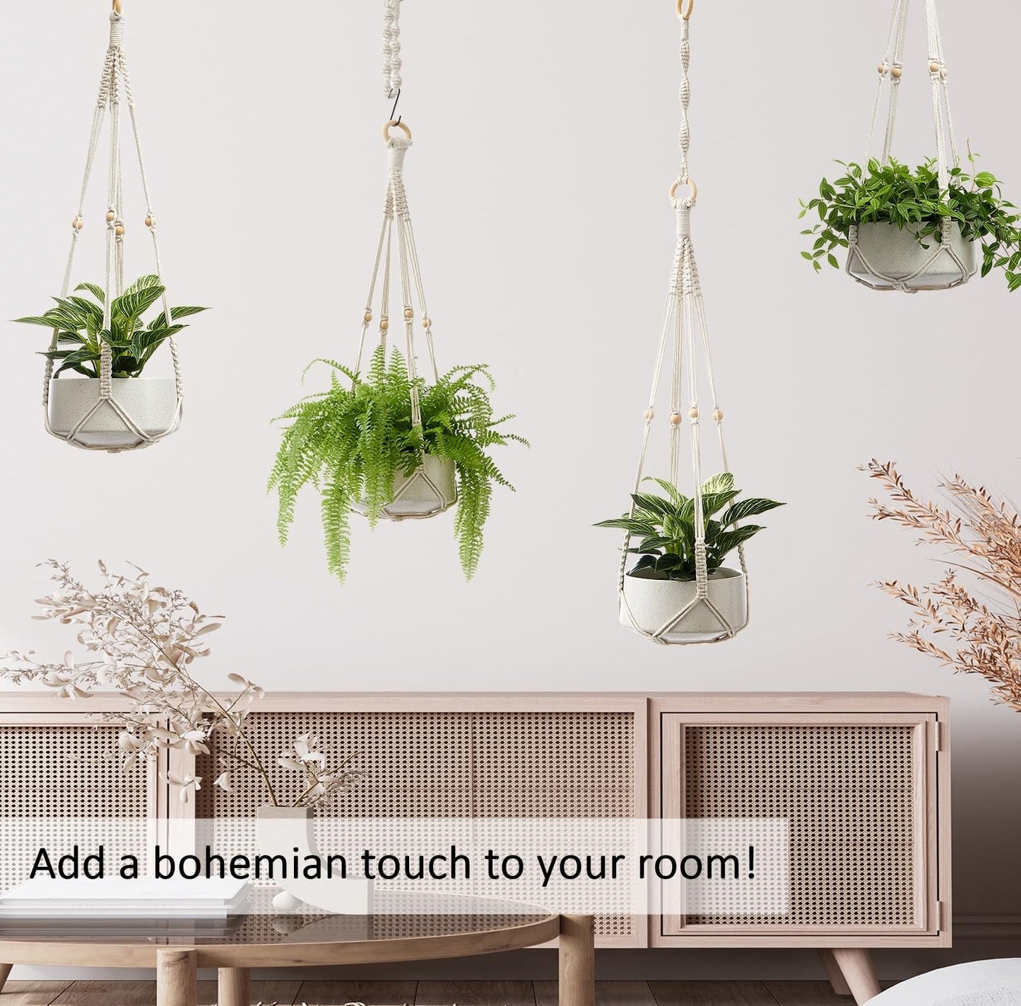 CADNLY Macrame Plant Hangers Indoor – Rope Hanging Plant Holder with Extender - Boho Hanging Planters Indoor - White Macrame Hanger Outdoor Flower Pot Holder from Ceiling Wall 3 Pack 6 Hooks