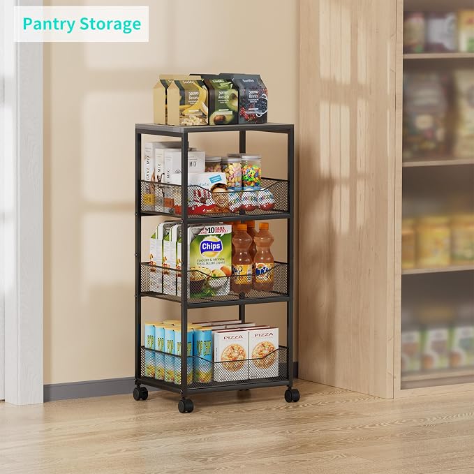 HapiRm Fruit Basket Kitchen Cart - 4-Tier Rolling Storage Cart with Wheels, Fruit Vegetable Basket with Wood Top, Pantry Utility Kitchen Organizer for Fruit Potato Onion Vegetable Bread Snack