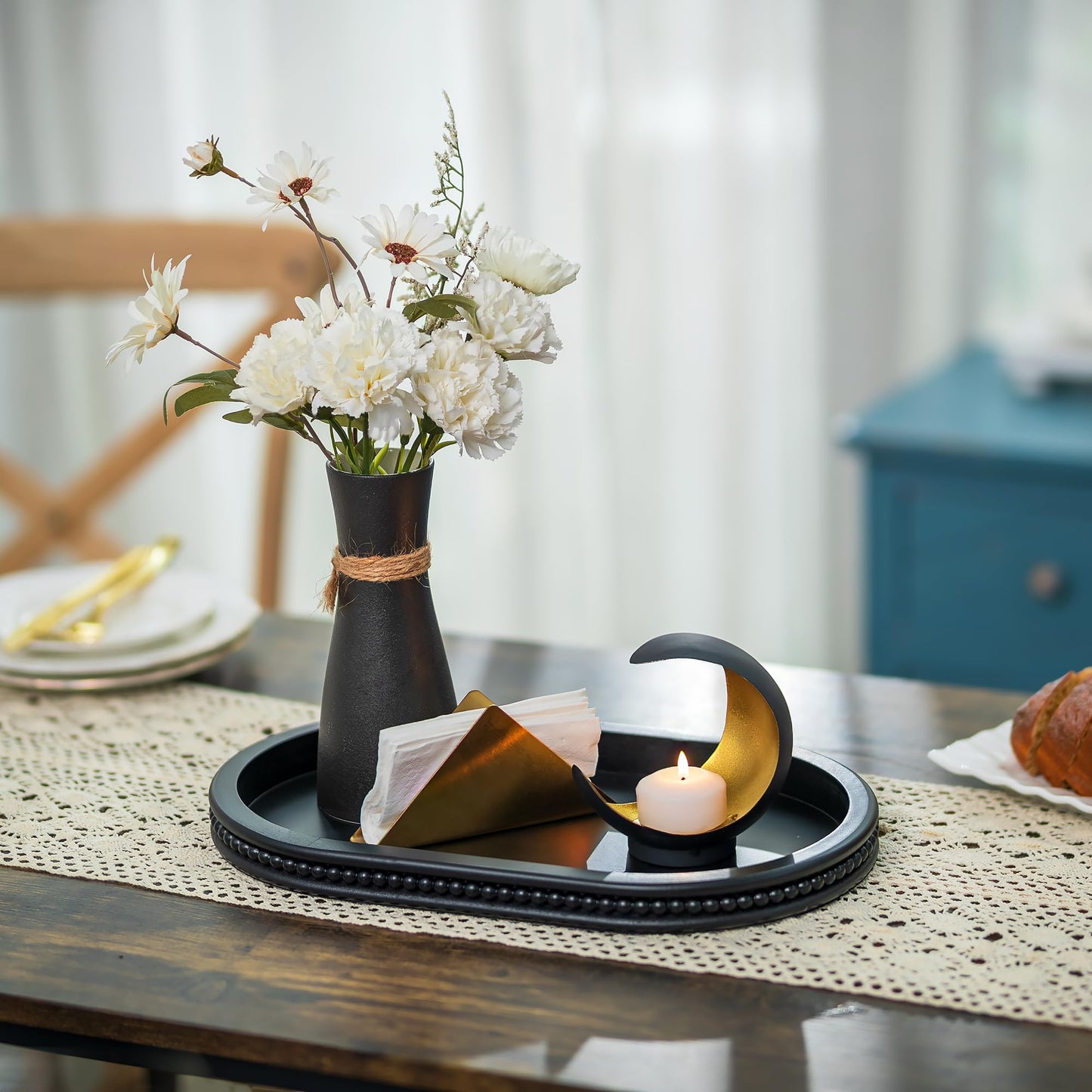 Hanobe Decorative Trays for Coffee Table : Black Oval Centerpiece Tray Wood for Farmhouse Entry Table Decor Round Bathroom Tray for Living Room Kitchen Counter