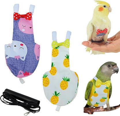 2Pcs Bird Diapers Bird Harness Flight Suits Diapers with 80 Inch Flying Leash Parrot Nappy Washable Cute Urine Wet Suit for Cockatiel Conure Macaw Budgies Parakeet-Pineapple&Kitten,S