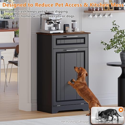 Single 10 Gallon Tilt Out Trash Can Cabinet with Deodorizing Function, Wooden Hidden Garbage Can Holder with Storage Drawers for Kitchen and Dining Room, Laundry Hamper Cabinet for Bathroom, Black