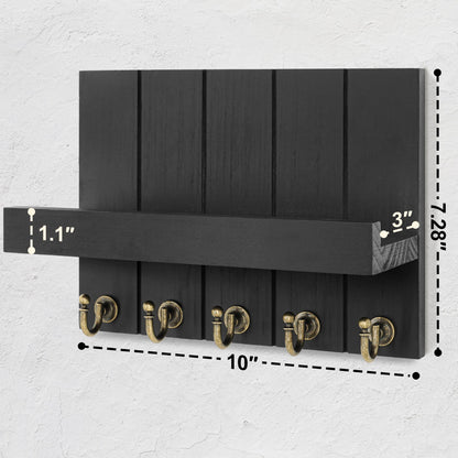 Rebee Vision Farmhouse Key Holder Wall Mount - Modern Key Holder for Living Room and Mail Organizer with Shelf & Hooks for Apartment Essentials - Home Decor Aesthetic (Black, 3.54"D x 10"W x 7.28"H)